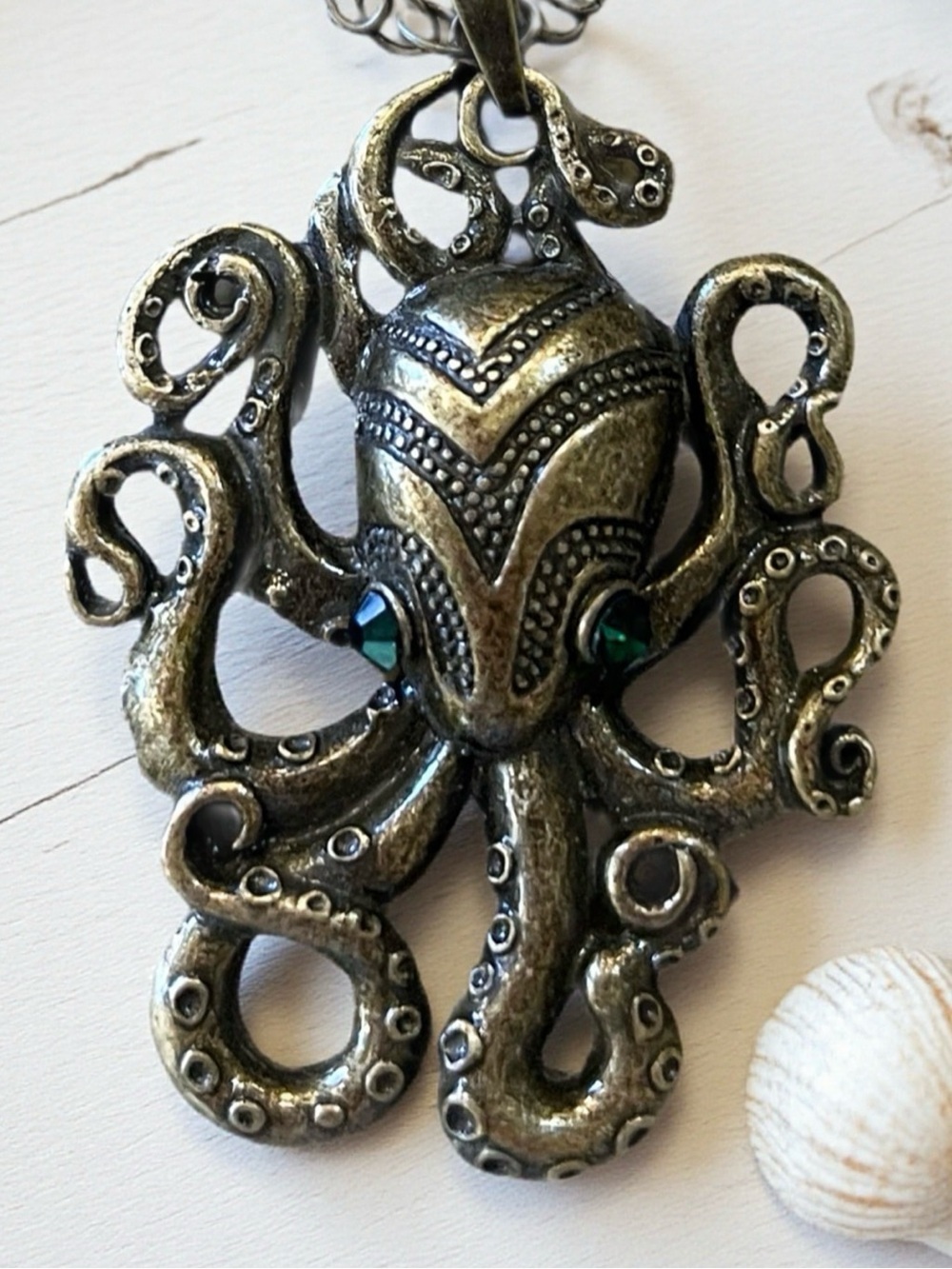 Bronze Octopus/Kraken Pendant Necklace with Green Accent Eyes - Picture 13 of 17